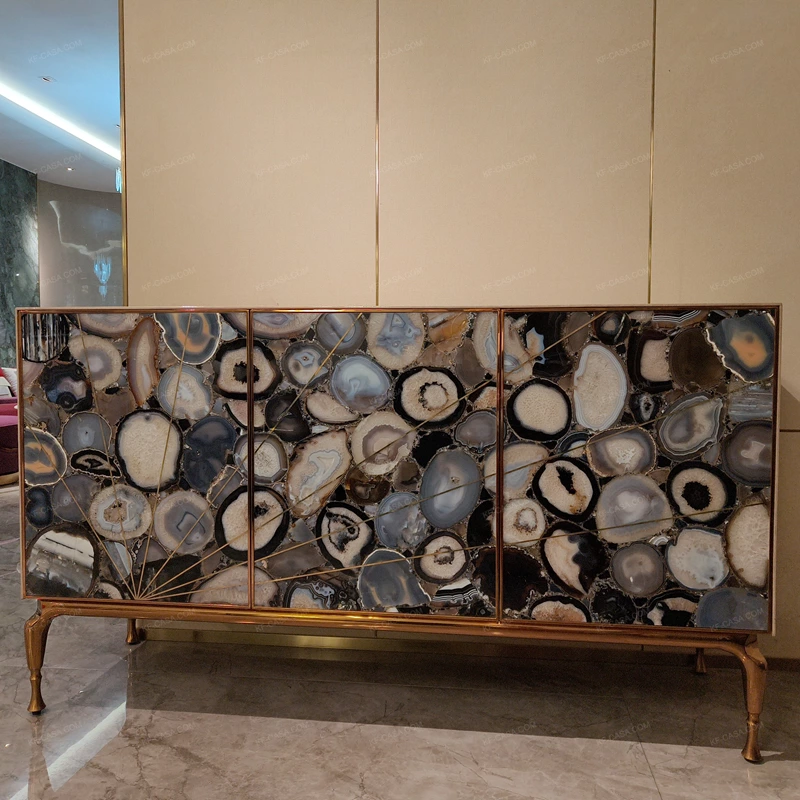 Artistic Agate Stone Pattern Sideboard Cabinet with Natural Wood Veneer and Brass-Tone Base